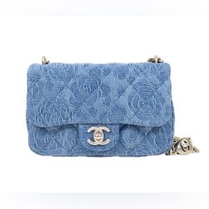 CHANEL Style Light Blue Denim Camellia Quilted Flap Crossbody